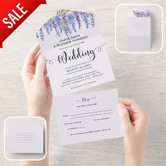 All Inclusive Lila Wisteria Floral Wedding RSVP All In One Einladung