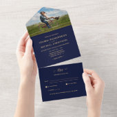 All Inclusive Navy Gold FOTO Wedding RSVP In One Einladung (Abreißen)