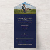 All Inclusive Navy Gold FOTO Wedding RSVP In One Einladung (Innen Boden)