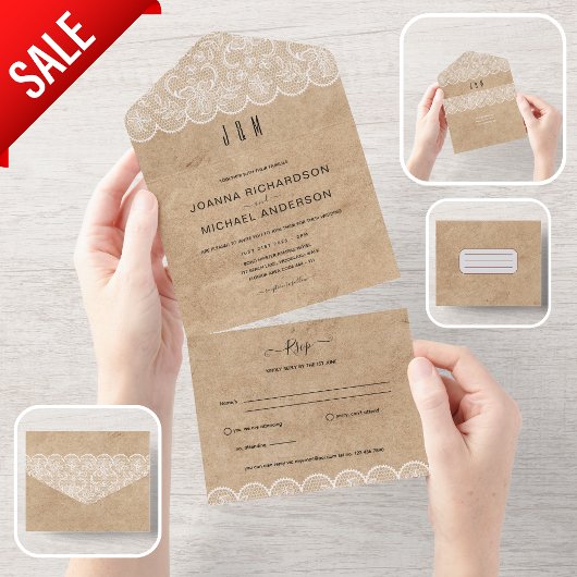 All Inclusive Rustic Lace Wedding mit UAWG In One Einladung