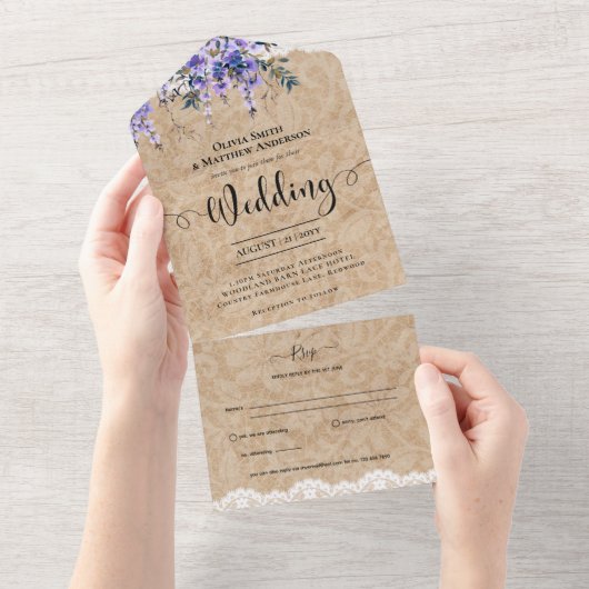 All Inclusive Rustic Lila Wisteria Lace Wedding All In One Einladung (Abreißen)