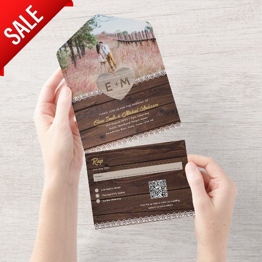 All Inclusive Rustic Wood Lace Foto QR Code UAWG In One Einladung