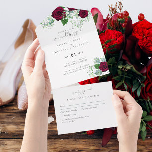 All Inclusive Tiefrote Rosen Hochzeit RSVP In One Einladung