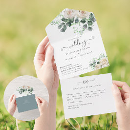 All Inclusive White Roses Floral Wedding RSVP All In One Einladung