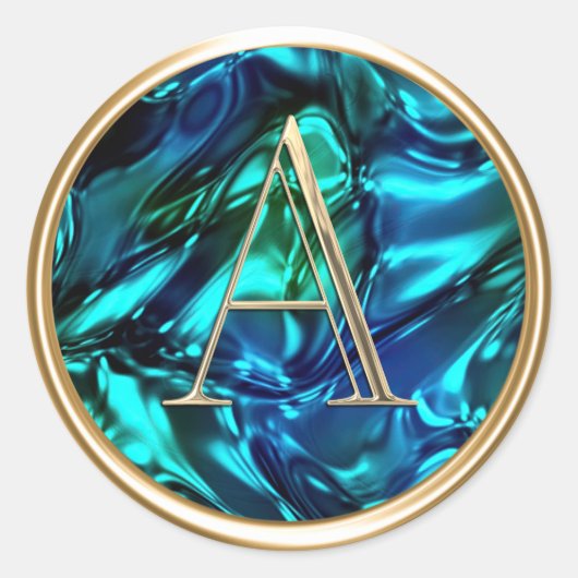 ALL INITIALS Gold Monogram auf Blue Green Wavy Runder Aufkleber (Vorderseite)