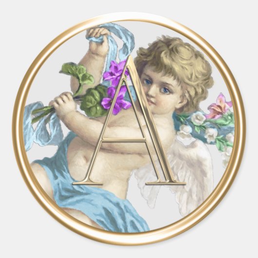 ALL INITIALS Gold Monogram Cherub Blue Runder Aufkleber (Vorderseite)