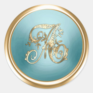 All Letter Gold und Blau Verzierte Initialen Monog Runder Aufkleber