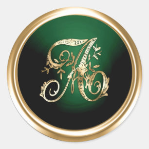 All Letter Gold und Dunkelgrün Verzierte Monogramm Runder Aufkleber