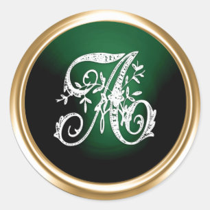 All Letter Gold und Grün Verzierte Monogramm Weiß Runder Aufkleber