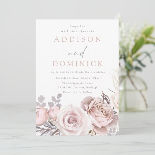 All Seasons Dusty Rose & Blush Floral Wedding Einladung (Stehend Vorderseite)