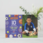 All Sports Blue Birthday Foto Fußball Fußball Fußb Einladung (Stehend Vorderseite)
