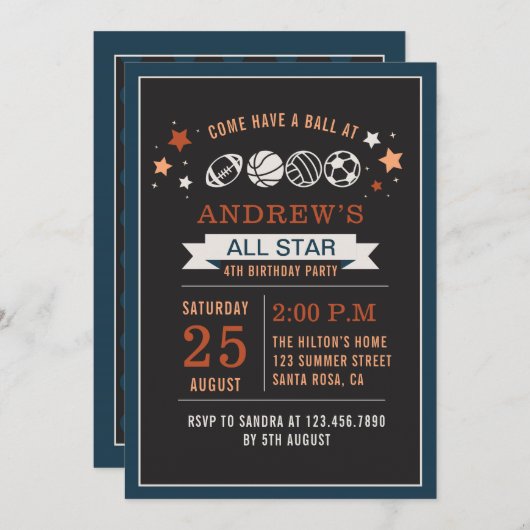 All Star Birthday Party Ball Einladung (Vorne/Hinten)