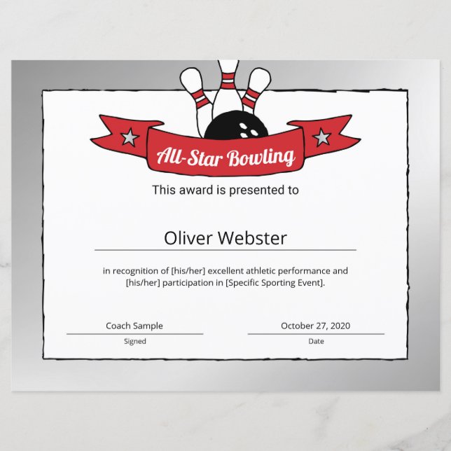 All-Star Bowling Player Award Bowling Zertifikat (Vorderseite)