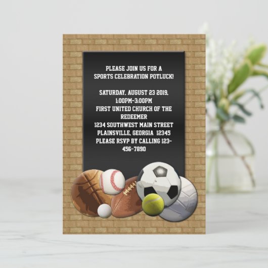 All Star-Sport-Bälle mit Backsteinmauer Einladung (Stehend Vorderseite)