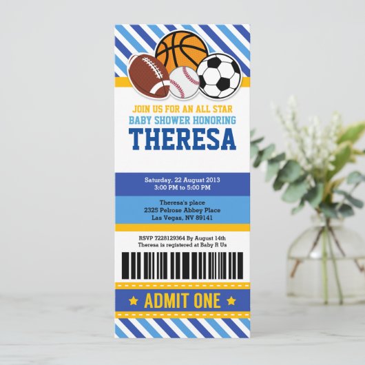 All Star Sport Ticket Pass Kinderdusche Einladung (Stehend Vorderseite)