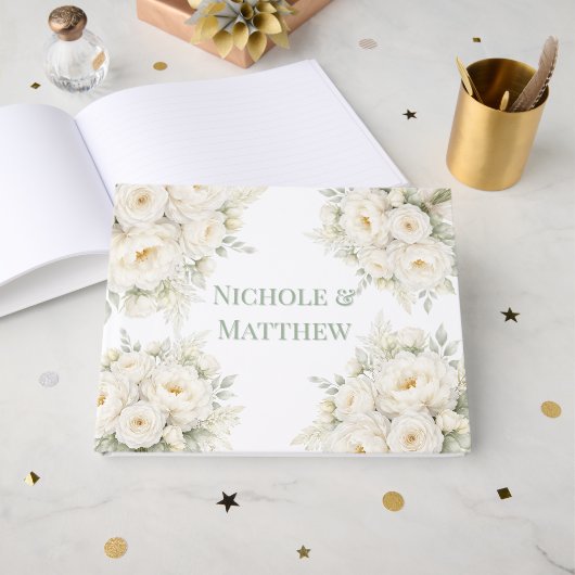 All White Floral Wedding Gästebuch (Vorderseite Offen)