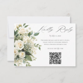 All White Hydrangeas Roses Wedding Website QR Code RSVP Karte