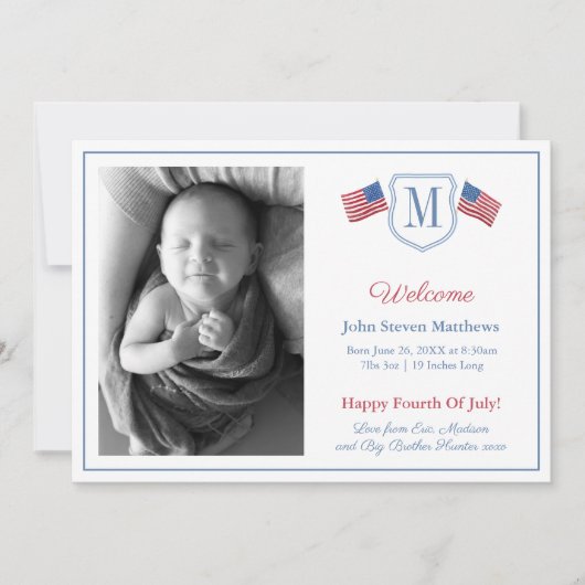 Allamerikanischer 4. Juli Begrüßungsjung Geburt Ankündigung (Vorderseite)