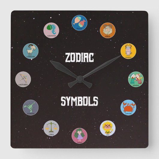Alle 12 Zodiakische Symbole mit Sternenfeld Quadratische Wanduhr (Vorderseite)