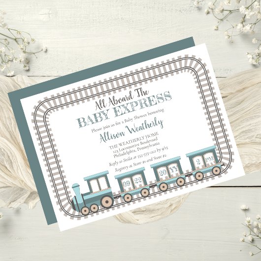 Alle an Bord des Baby Express Train Boy Baby Showe Einladung