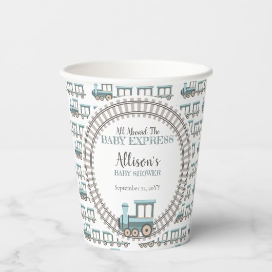 Alle an Bord des Baby Express Train Boy Baby Showe Pappbecher (Rückseite)