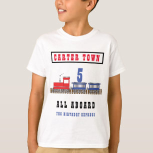 Alle an Bord des Geburtstags-Zug-roten blauen T-Shirt