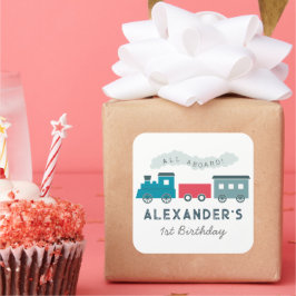 Alle an Bord Steam Train Blue Boy Geburtstag Quadratischer Aufkleber