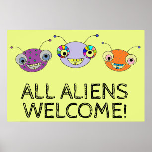 ALLE AUSSERIRDISCHEN BEGRÜSSEN Niedliche fröhliche Poster