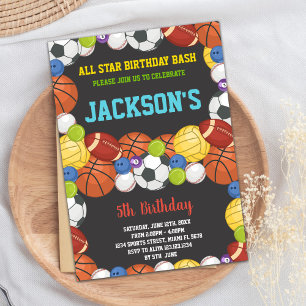 Alle Balls Black Sports Party Geburtstagseinladung Einladung