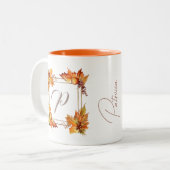 Alle Briefe Moderne Boho Herbstlaubs Monogram Zweifarbige Tasse (Vorderseite Links)