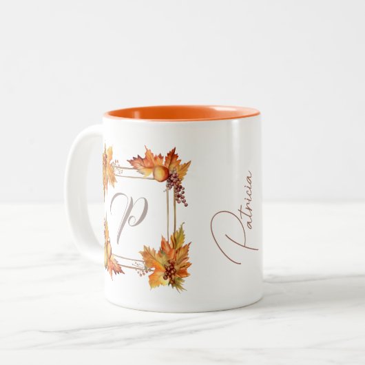 Alle Briefe Moderne Boho Herbstlaubs Monogram Zweifarbige Tasse (Vorderseite Links)