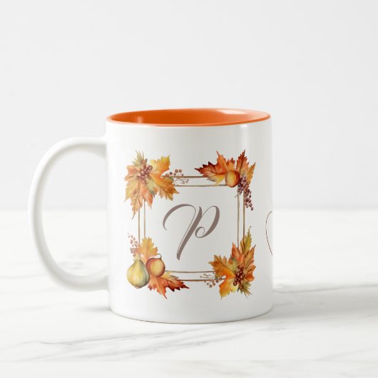 Alle Briefe Moderne Boho Herbstlaubs Monogram Zweifarbige Tasse (Links)