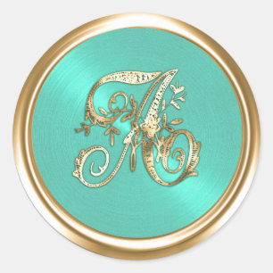 Alle Buchstaben Aqua Gold Verzierte Monogramm Runder Aufkleber