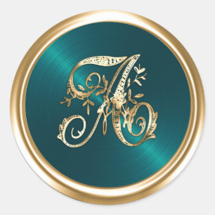 Alle Buchstaben Türkis Grün Gold Verzierte Monogra Runder Aufkleber
