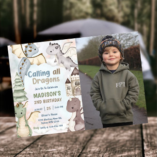 Alle Drachen Wasserfarbe 2. Geburtstag Foto Einladung