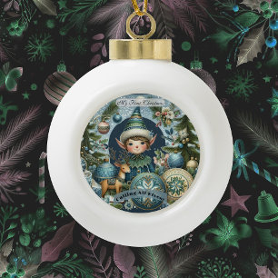 Alle Elfen Schneeflocken Hagel Blau Vintage Keramik Kugel-Ornament