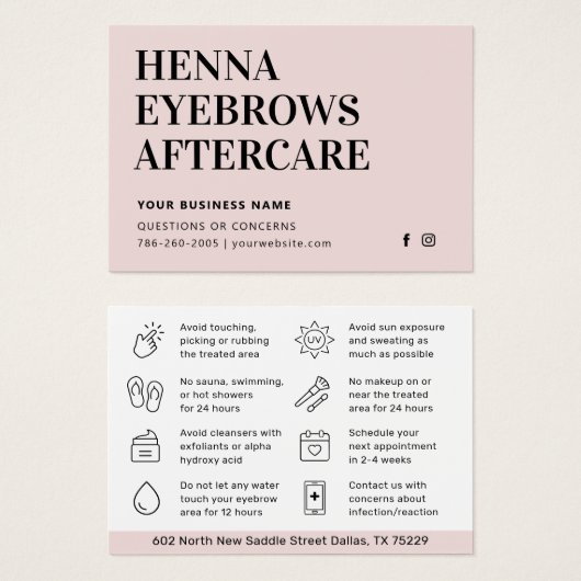 Alle Farbton Henna Brows Aftercare Card Ratschläge (Vorne & Hinten)