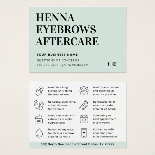 Alle Farbton Henna Brows Aftercare Card Ratschläge (Vorne & Hinten)