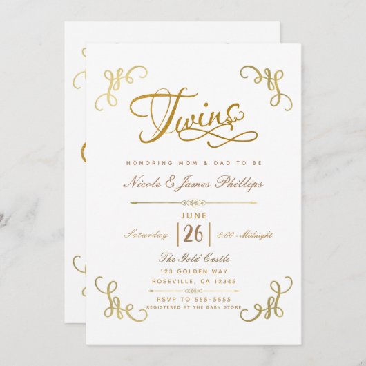 Alle Gold Imitate Foil Baby Dusche TWINS Script Ty Einladung (Vorne/Hinten)