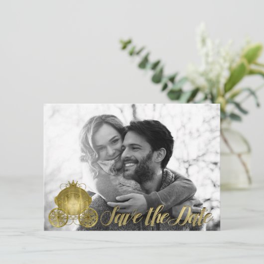 Alle Gold Princess Storybook Carriage Save the Dat Einladung (Stehend Vorderseite)
