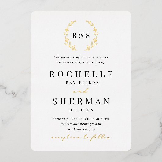 Alle in einem Blatt Monogramm Gold Foil Wedding Folieneinladung (Vorderseite)