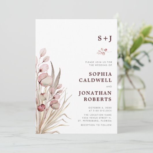 Alle in einem Boho rosa Eukalyptus getrocknete Pal Einladung (Stehend Vorderseite)