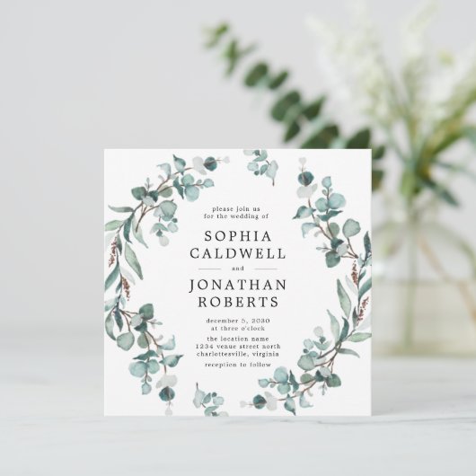 Alle in einem QR-Code Eukalyptus Greenerity Weddin Einladung (Stehend Vorderseite)