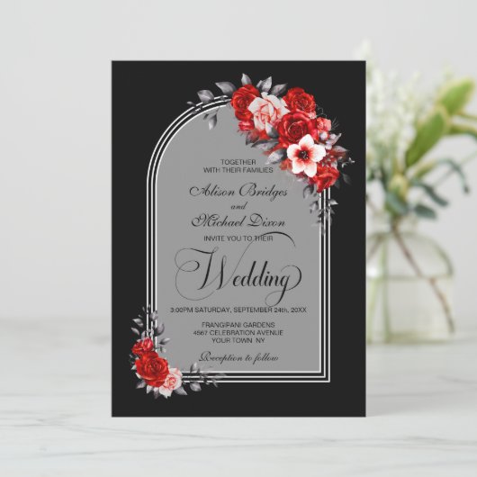 Alle in einem Roten Blumenbogen schwarze Silberhoc Einladung (Stehend Vorderseite)