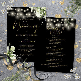Alle in einem schwarzen Gold-String-Lights Blumenz Einladung