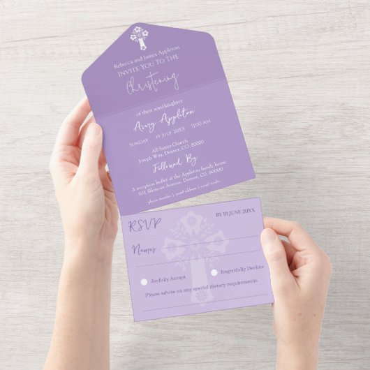 Alle in einer Einladung Blumenkreuz Taufe Lilac (Abreißtisch)