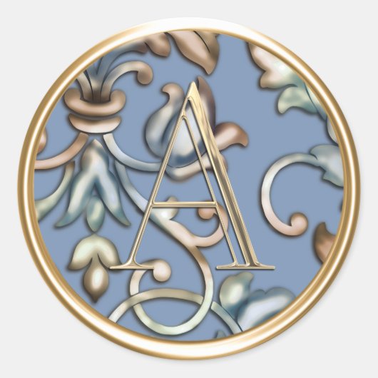 ALLE INITIALS Gold Monogram Blue Earthtones Damask Runder Aufkleber (Vorderseite)