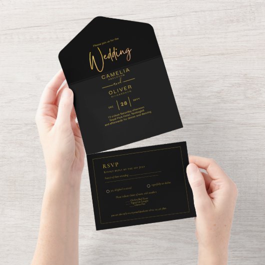 Alle inklusiven Black Gold Themed Wedding RSVP All In One Einladung (Abreißen)