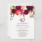 Alle Jahre Burgundy Floral 40. Hochzeitstag Einladung (Vorderseite)