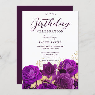 Alle Jahre Geburtstagsparty Lila & Gold Floral Einladung